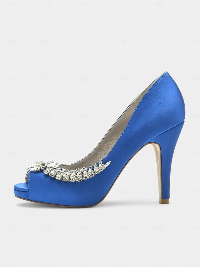 with – Peep-Toe Crystal Embellishment Heels Blue Satin Luxury