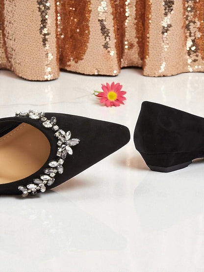 Toe Suede Pointed Rhinestone Women's with Flats Black
