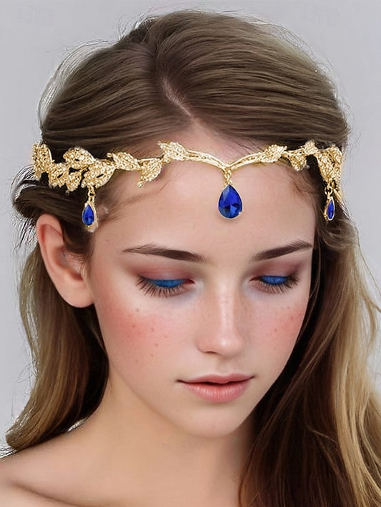 Blue with – Drops Leaf Gemstone Gold Vintage Headpiece