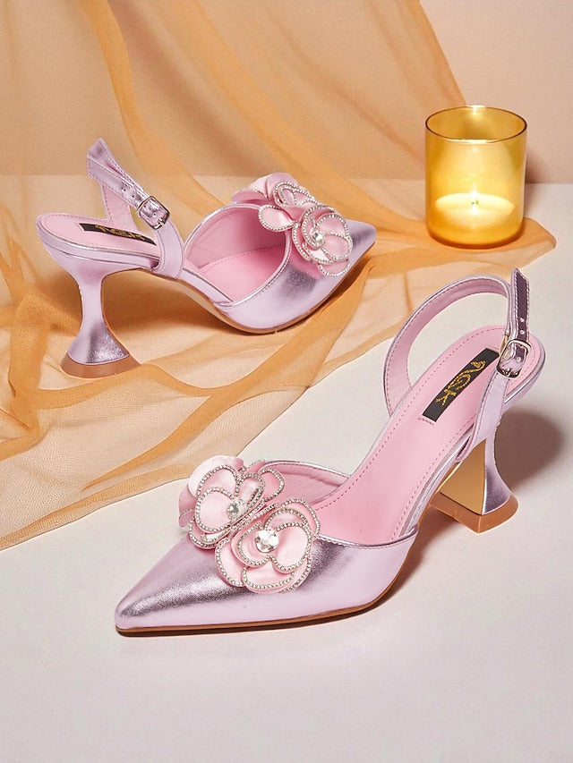 Toe Heels with Satin Floral Pink Pointed Women's