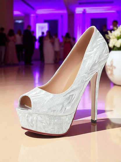Subtle Women's Silver Heels with Platform Peep-Toe Pattern