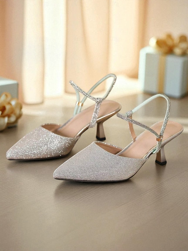 Slingback Glitter Silver Pointed Women's Heels with Toe