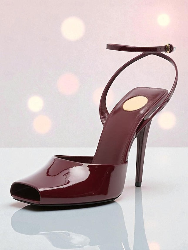 Heels Women's Peep Patent Leather Toe Green Dark High -