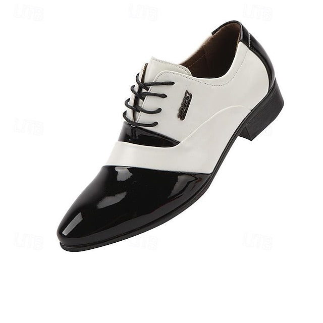 – Leather Oxford Men's Faux Patent Black Shoes White and