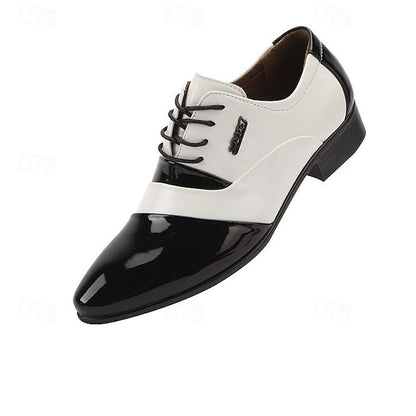 – Leather Oxford Men's Faux Patent Black Shoes White and