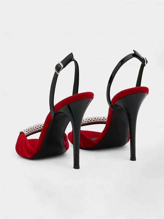 with – Stiletto Heels Bold Red Accent Velvet Rhinestone