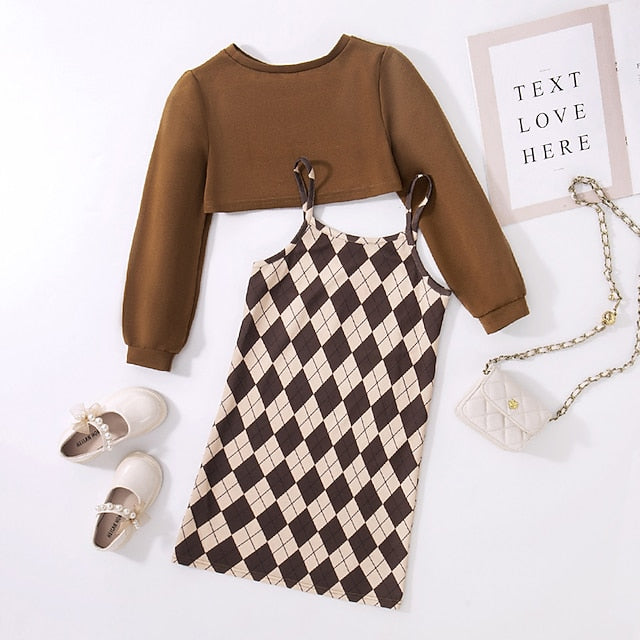 Girls' Block Color Kids Dress Set Pieces Long Suits 2