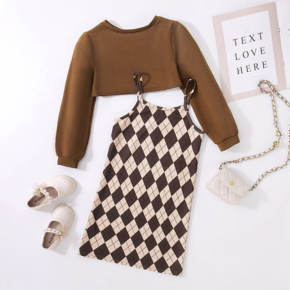 Girls' Block Color Kids Dress Set Pieces Long Suits 2