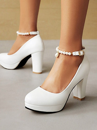– White Strap Pumps High Women's Ankle with Pearl Heel