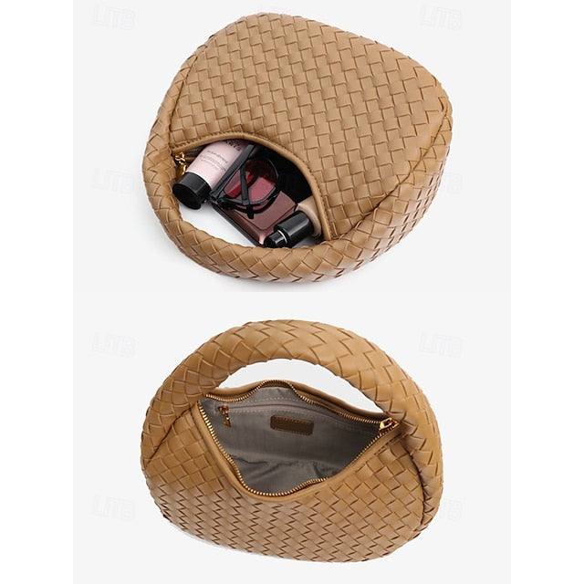 – Leather Round Woven Chic Women's Elegant Ivory Hobo Bag