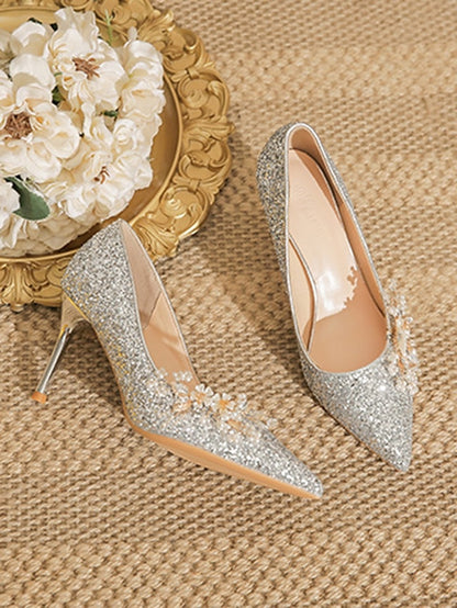 Glitter Silver Heels Stiletto Floral with Women's