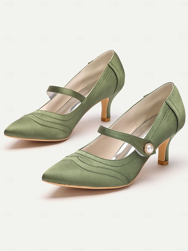 Pearl Button Mary Heels Green - Jane Elegant with Satin
