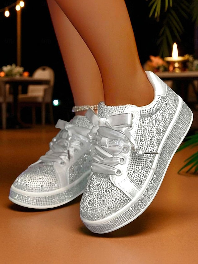 Glamorous Sparkly Sneakers Lace-Up Women's - Rhinestone