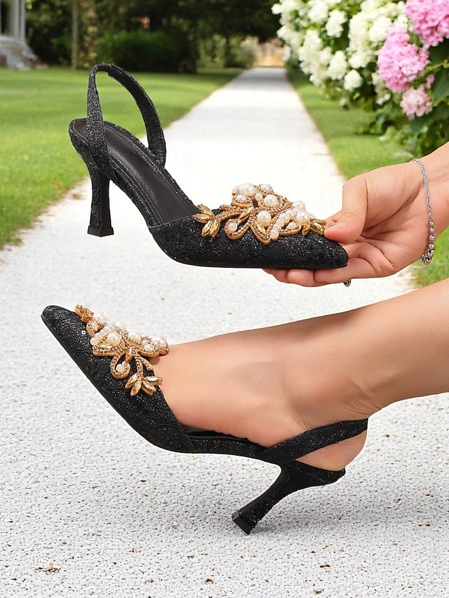 Heels Slingback - Women's Pearl with Satin Black Detailing