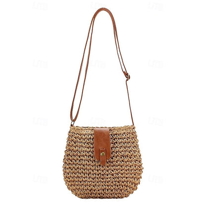 - Crossbody Women’s Chic Strap with Woven Straw Bag Leather