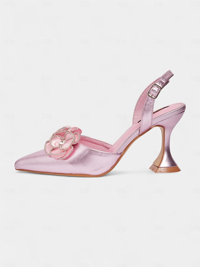 Toe Heels with Satin Floral Pink Pointed Women's
