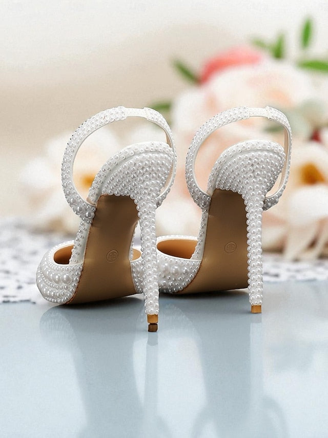 White - Pearl-Embellished Women's Slingback Leather Heels