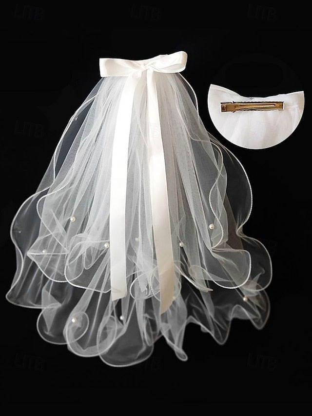 Ivory with - Soft Elegant Ribbon Tulle Bridal Satin and Veil