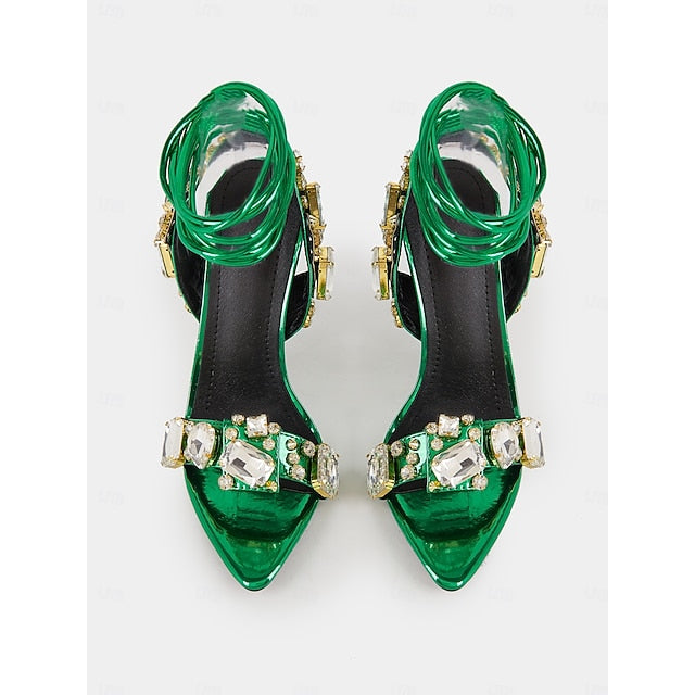 Green Stiletto Women's Heels Metallic Lace-Up with