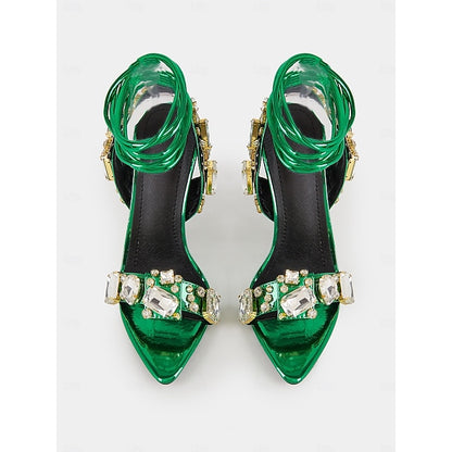 Green Stiletto Women's Heels Metallic Lace-Up with