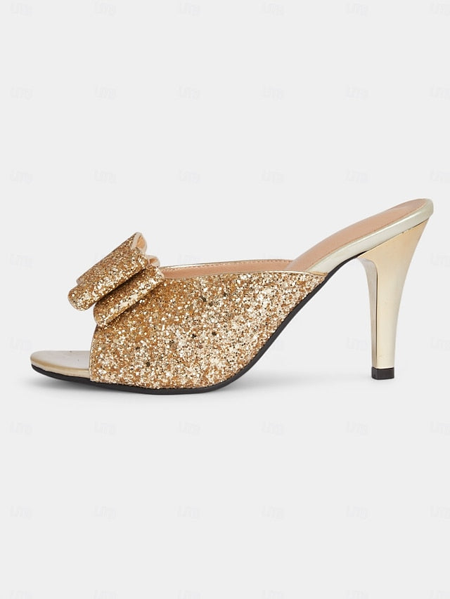 Mules Women's Glamorous Stiletto Glitter – Bow Gold Party