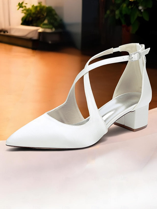 - Block Heels Women's Elegant Toe Pointed Ivory Satin