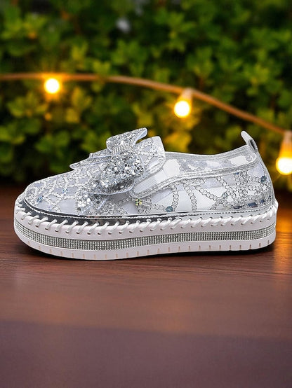 Bow Rhinestone Women's with Slip-On Black Lace Shoes