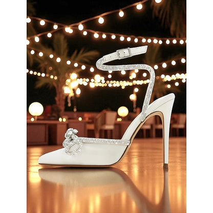 Rhinestone with Satin Heels Women's and Black Bow Stiletto