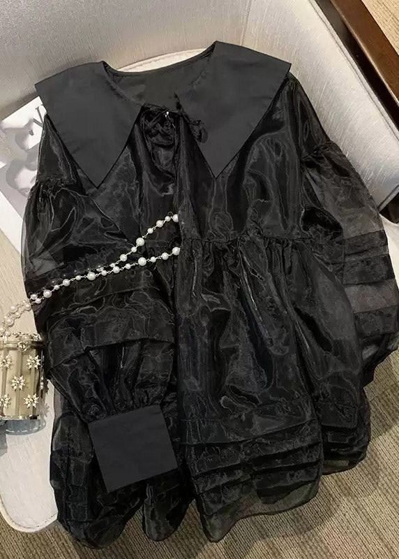 Long Neck Mid V Dresses French Tulle Patchwork Black Sleeve