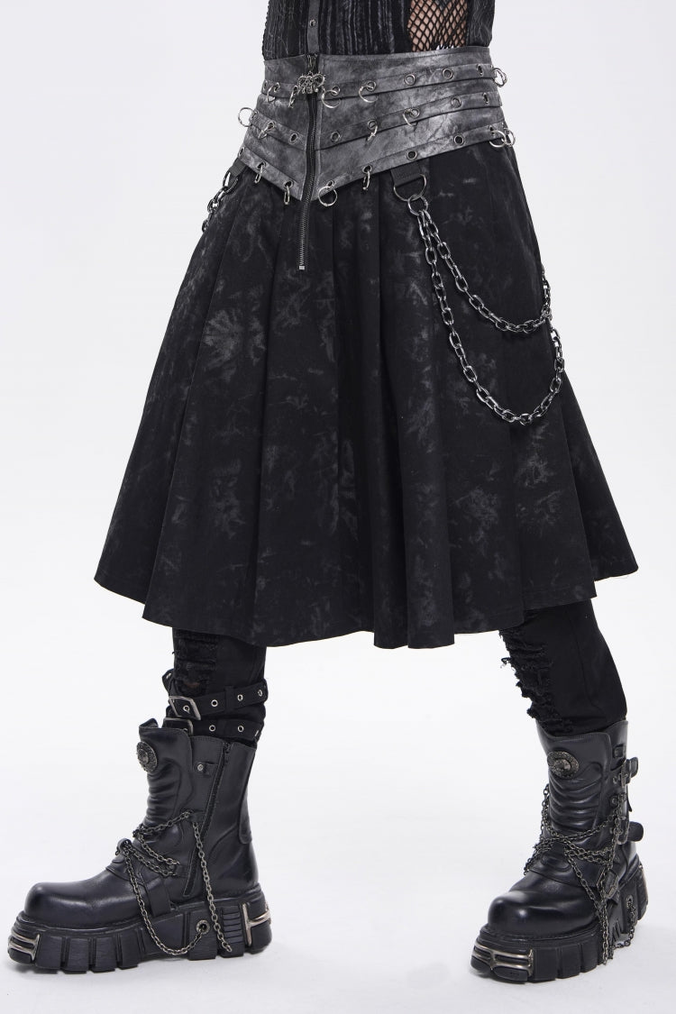 Chain-Decorated Lace-Up Pleated Punk Skirt for Men