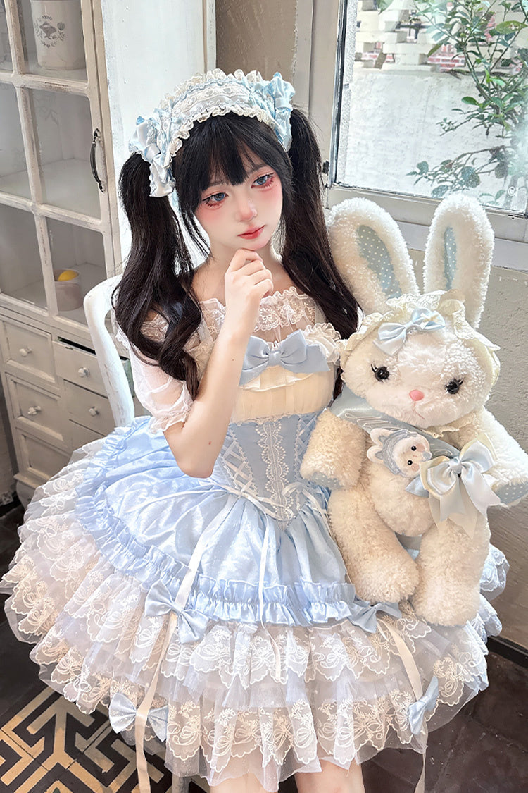 Azure Dance of Time Sleeveless Triple Ruffled Bow Lace-Up Sweet Ballet Lolita Jumper Dress
