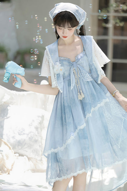 Azure Clouds Resting in the Wilderness Print Ruffle Embroidery Bow Lace Irregular Lolita Jumper Dress
