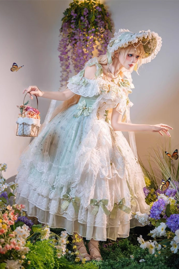 Emerald Glazed Phantom Off-Shoulder Ruffle Hanayome Bow Lace Dress