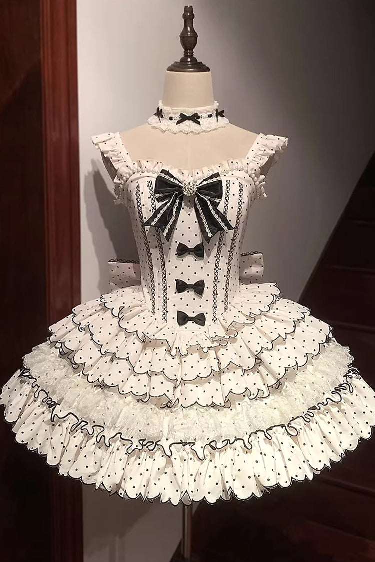 Sweet Princess Lolita JSK Gown with Polka Dots, Ruffles & Sleeveless Bow