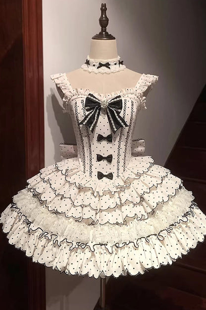 Sweet Princess Lolita JSK Gown with Polka Dots, Ruffles & Sleeveless Bow
