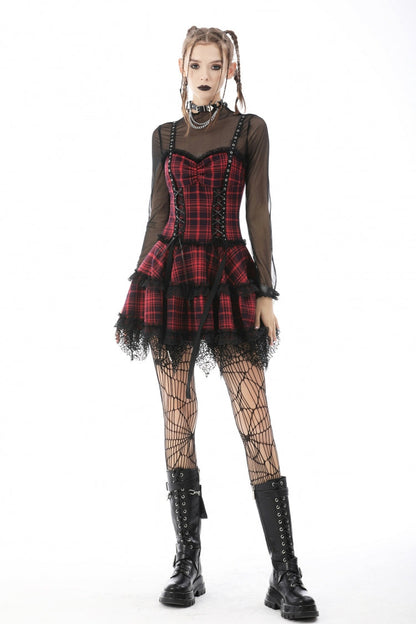 Crimson Punk Mini Dress with Plaid Layers and Lace Trim