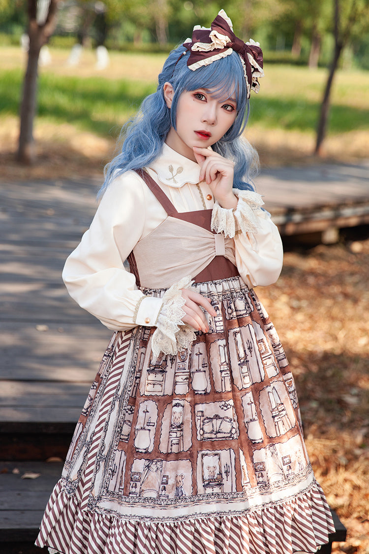 Underground Bear Print Ruffle Bow Sweet Lolita Dress - Brown