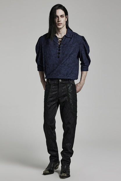 Gothic Pants for Men with Black Jacquard 3D Print and Lace Detailing