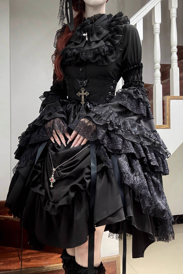 Gothic Lolita Skirt Dress Set with Long Hime Sleeves and Bow in Black