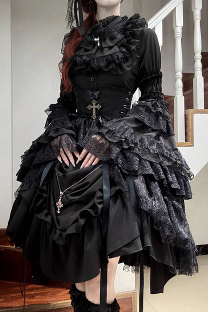 Gothic Lolita Skirt Dress Set with Long Hime Sleeves and Bow in Black