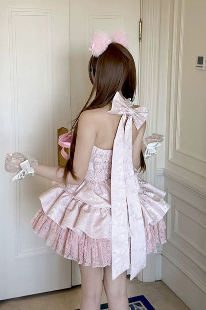 Blush Layered Ruffle Bow Lace-Up Ballerina JSK - Kitten Sweetheart