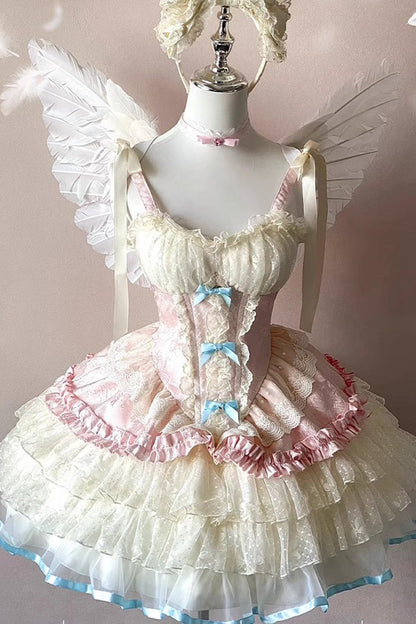 Blush Ruffled Bow Lace Ballet Dress with Layers