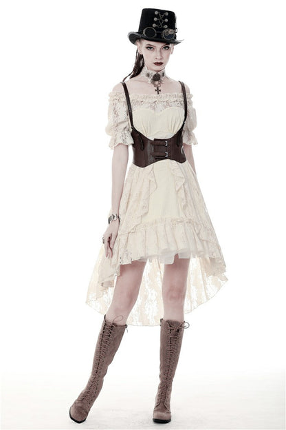 Steampunk Vintage Gorgeous Graduation Gown with Off-Shoulder Ruffles & Ruched Sleeves