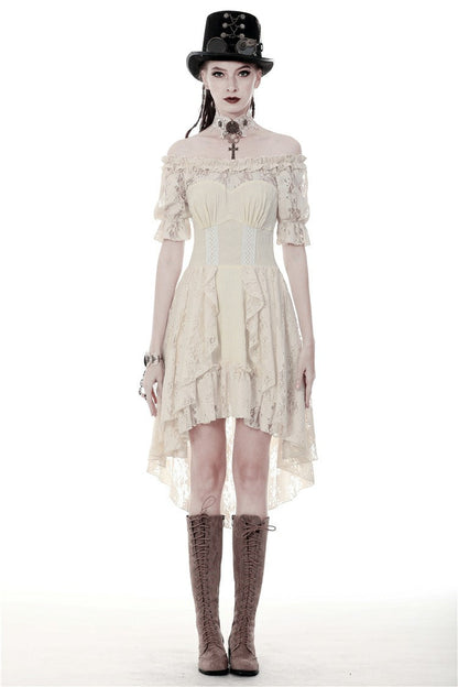 Steampunk Vintage Gorgeous Graduation Gown with Off-Shoulder Ruffles & Ruched Sleeves