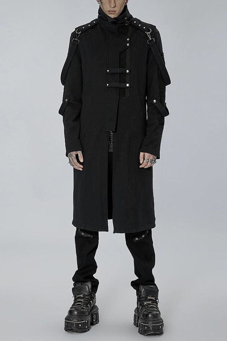 Noir High-Collar Knit Coat with Metal Shoulder Straps