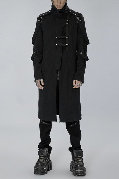 Noir High-Collar Knit Coat with Metal Shoulder Straps
