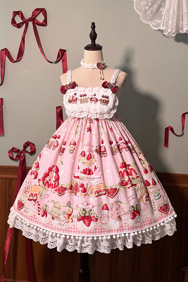 High Waisted Ruffle Bowknot Sweet Lolita JSK Dress with Strawberry Dessert Print - 4 Colors