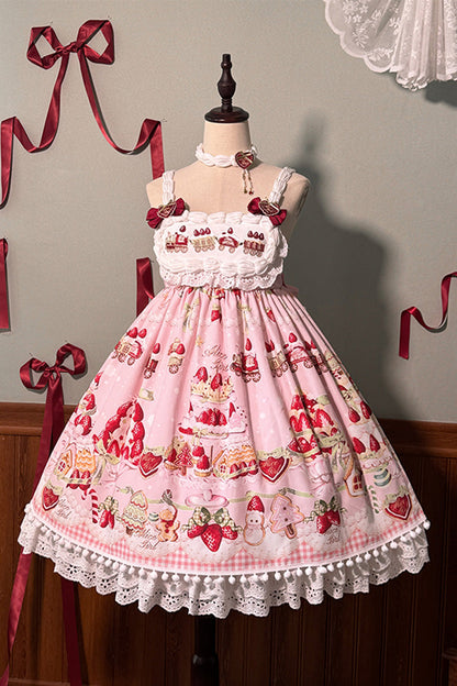 High Waisted Ruffle Bowknot Sweet Lolita JSK Dress with Strawberry Dessert Print - 4 Colors