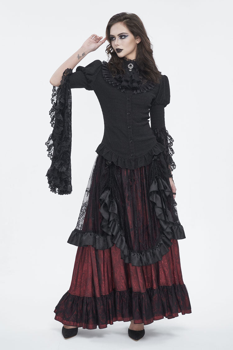 Crimson & Obsidian Ruffle Lace Drawstring Gothic Skirt