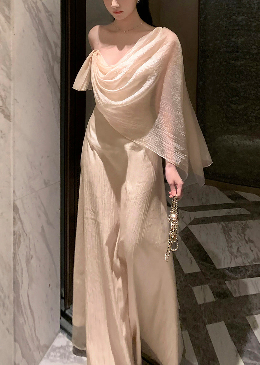 Summer Silk Solid Asymmetrical Apricot Maxi Dresses Elegant